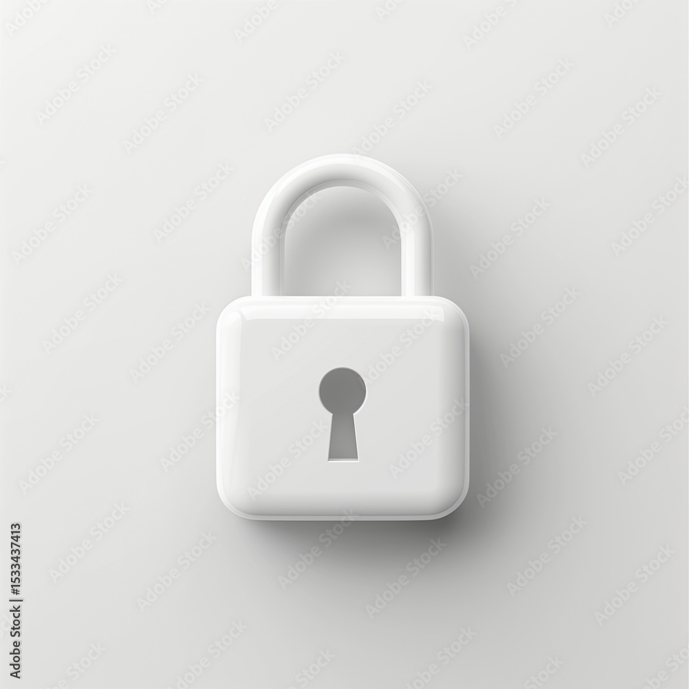 Poster a minimalist image depicting a white padlock centered on a plain white background with soft shadows