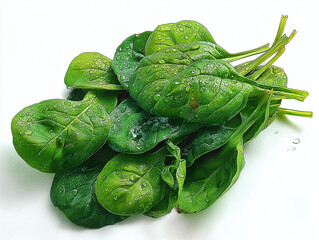Freshly picked spinach, leaves still covered in dew, randomly arranged on a bright white background without shadows, ai generated images.