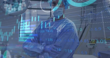 Surgeon gloving and adjusting fit preparing for surgery while blue financial data charts emerging - Powered by Adobe