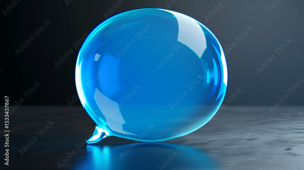 Poster a shiny blue speech bubble rendered on a dark surface with a dark background in a studio setting