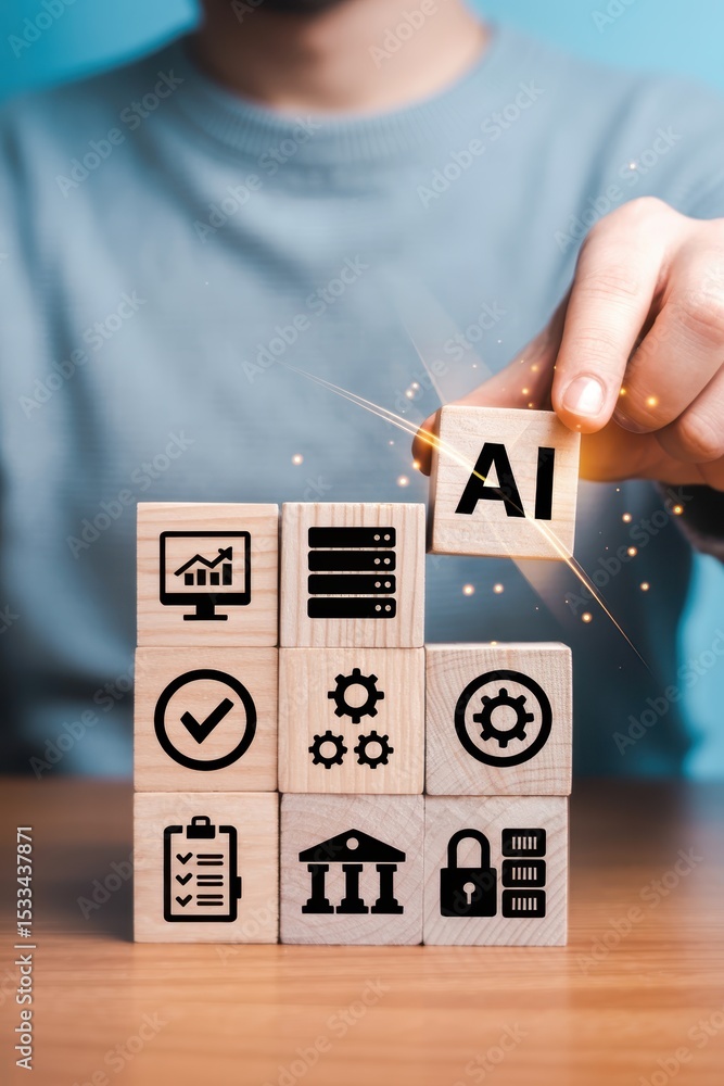 Poster wooden blocks with icons representing artificial intelligence and its associated elements.