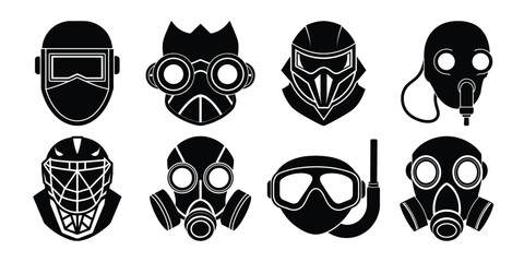 Black and white worker and labour mask set silhouette on a white background