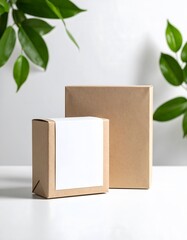 Minimalist Kraft Boxes with White Label and Greenery on White Surface
