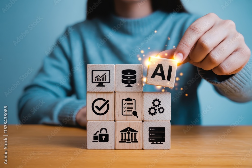 Poster wooden blocks with icons representing artificial intelligence components.