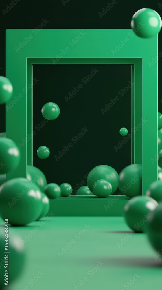 Poster lush green abstract composition with spheres and rectangular frame illusion