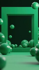 Lush Green Abstract Composition with Spheres and Rectangular Frame Illusion
