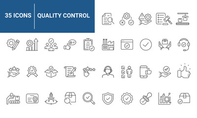 Quality control set of web icons in line style. Quality Check computing icons for web and mobile app. Containing inspection, evaluation, production, quality assurance, certificate, testing and more