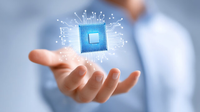 Person holds glowing microchip, symbolizing advanced technology and innovation. image conveys sense of futuristic development and digital connectivity