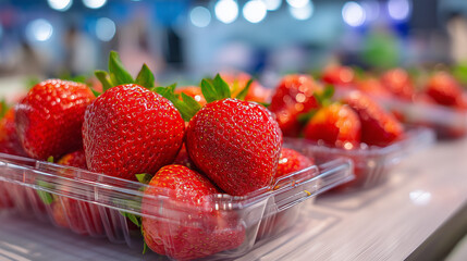 Premium strawberries sold in supermarkets, neatly placed in plastic containers, the strawberries look fresh and tempting with natural shine on the surface, ai generated images.
