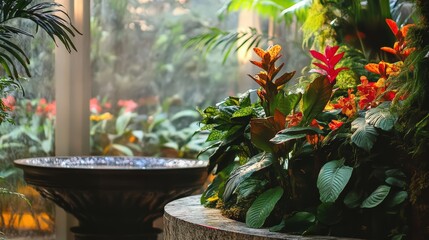Lush Interior Garden with Exotic Bromeliads and a Serene Water Feature
