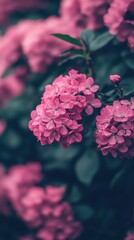 Lush pink hydrangea blooms in a garden setting, exhibiting natural beauty