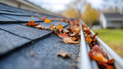 Clogged Rain Gutter with Autumn Leaves on Roof
