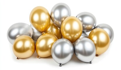 A cluster of metallic gold and silver balloons against a white background