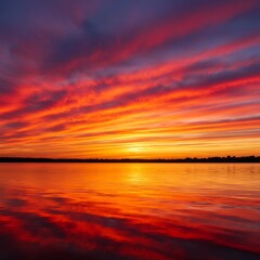 Fototapeta premium Vibrant Red And Orange Sunset Over Calm Water