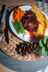 Flavorful Steak Dish with Rustic Table Aesthetic