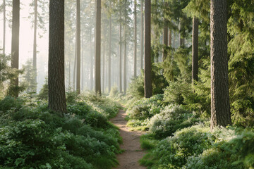 Fototapeta premium serene forest path bathed in soft warm light from setting sun surrounded by lush greenery and gentle shadows