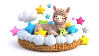 Obraz premium A cartoon alpaca snuggled in a fluffy bed, surrounded by plush toys and stars,