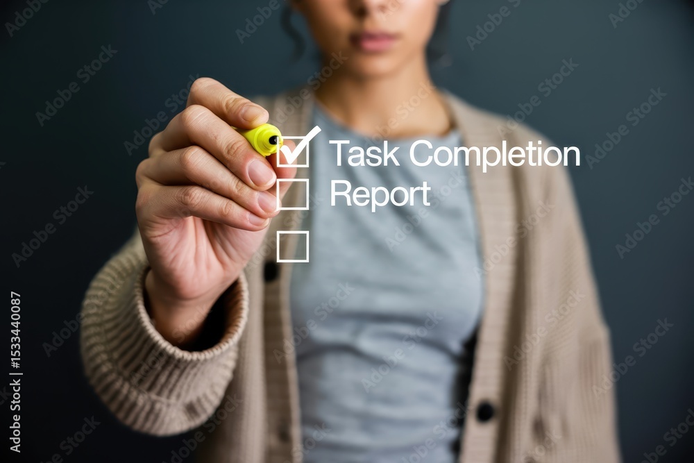 Poster person marking a checklist for a task completion report.