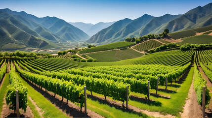 Breathtaking view of a verdant vineyard surrounded by towering mountains the rows of grapevines heavy with an abundant harvest of ripe juicy grapes ready for the winemaking process