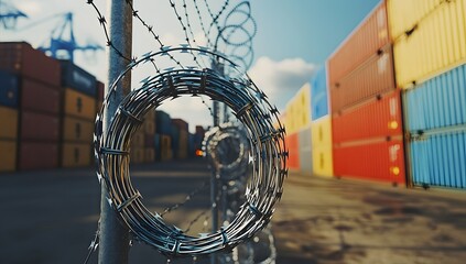 Barbed Wire Fence at Shipping Container Port
