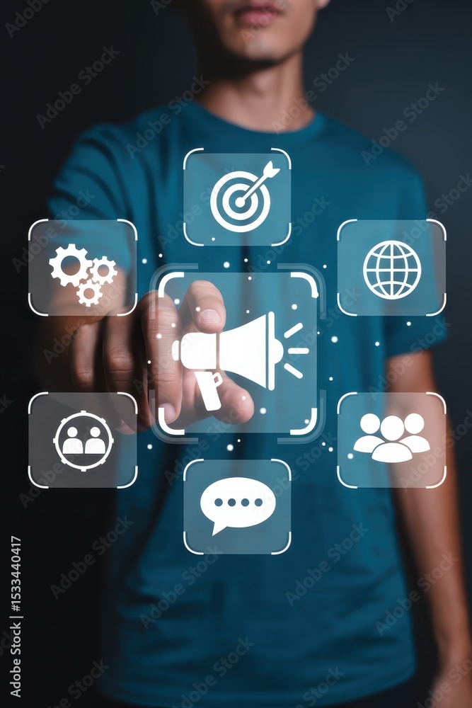Poster person interacting with a digital interface displaying marketing concepts.