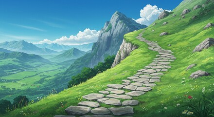 Idyllic Nature View with Hills and Distant Village - Anime Inspired