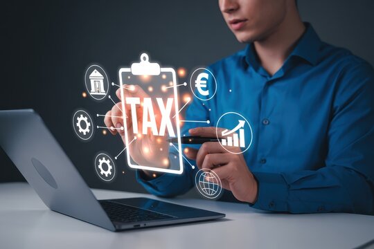 Person interacting with a holographic tax interface.