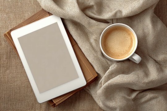 Cozy morning routine with coffee and tablet on soft fabric home office still life warm atmosphere top view relaxation