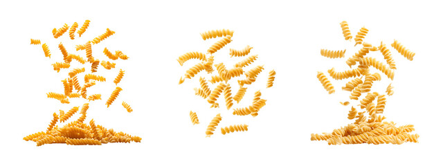 Set of Falling fallende Fusilli isolated on transparent background, in PNG format, cut out