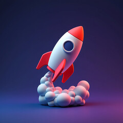 Cartoon rocket launching into space with smoke trail