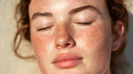 Close up of a young woman's face eyes closed freckles visible bathed in warm sunlight. 15048437 1