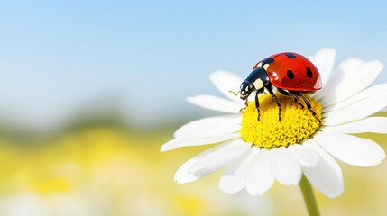 Naklejka premium macro detail of a ladybug resting on wild daisy, expansive blooming field in background