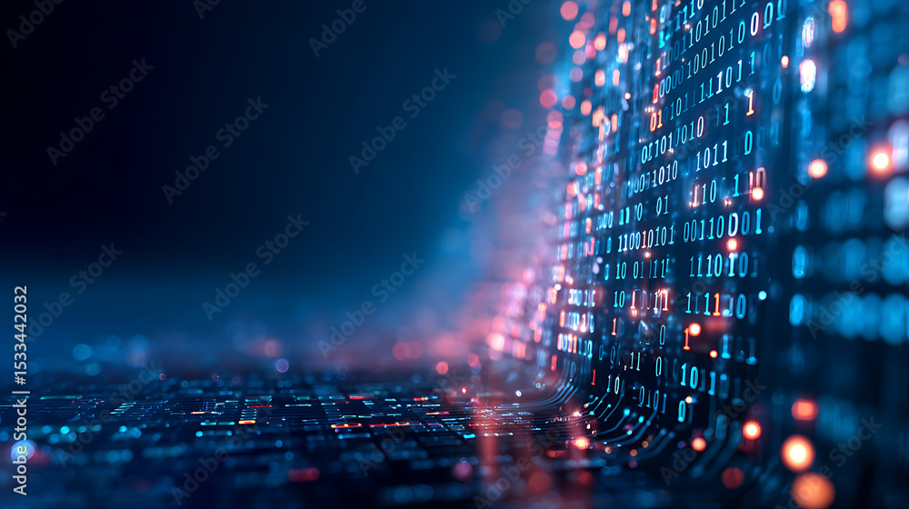 Poster blue digital binary data on computer screen background 67705946 1