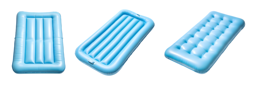 set of light blue rubber inflatable beach mattress isolated on transparent background, in PNG format, cut out