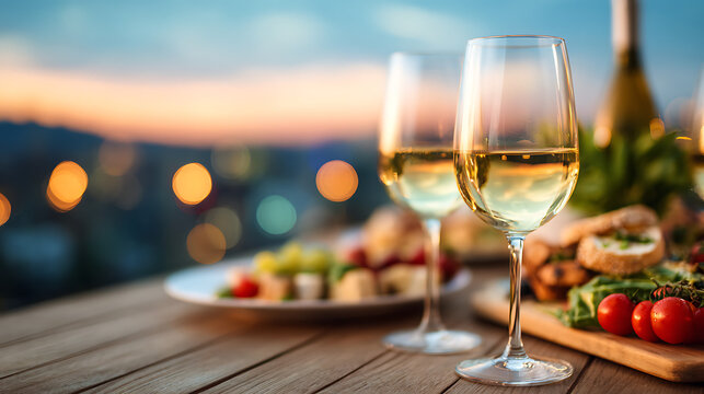 Rooftop party aperitifs with friends. Banquet table setting with fresh tasty food snacks. Celebration occasion with wine glasses, fresh fruits, delicious tomatoes, stylish catering setting. 96300037 1