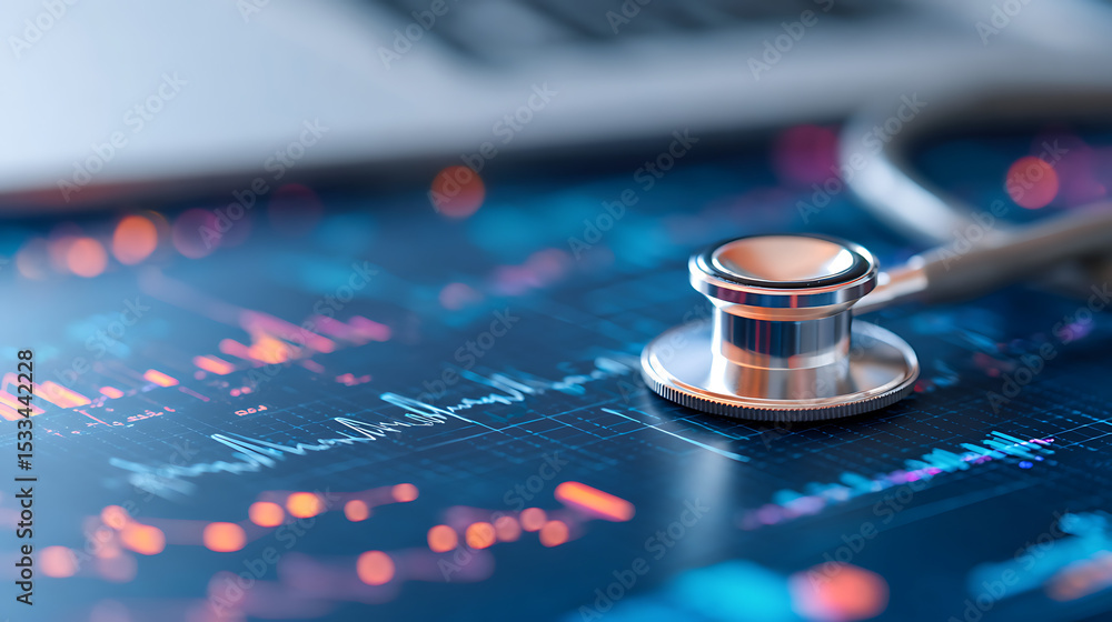 Poster stethoscope placed on a digital screen displaying heart rate data and medical graphs, symbolizing mo
