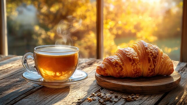 Golden hour breakfast. A steaming cup of tea and a flaky croissant sit on a rustic wooden table beside a window, bathed in the warm glow of autumn sunlight filtering through fall leaves
