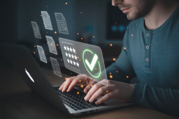 Person working on a laptop with holographic approval icons.