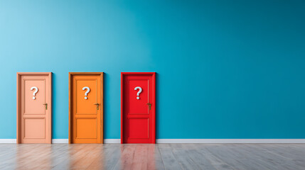 Colorful doors with question marks representing the challenging decision making process of choosing the right career path amid uncertainties and fears of missing better options 55787725 1