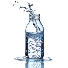 Clear Splashing Water Being Poured into Transparent Bottle with Bubbles and Motion