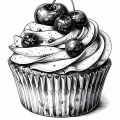 Black And White Cupcake Drawing With Cherries