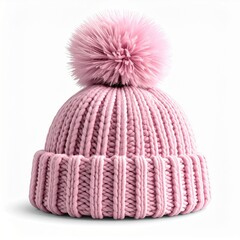 Pink Knitted Beanie with Fluffy Pom Pom