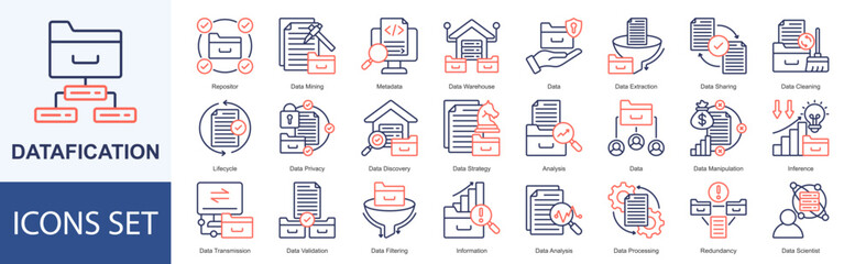 Datafication icon set vector Dual Thone Style repositor, data mining, metadata, data warehouse, data, data extraction, data sharing, data cleaning, lifecycle, data privacy, data discovery