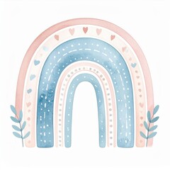 Pastel Watercolor Rainbow with Hearts and Leaves