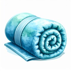 Rolled Blue Cotton Bath Towel on White Background