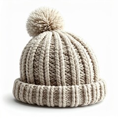 Beige Knitted Beanie with Pom Pom