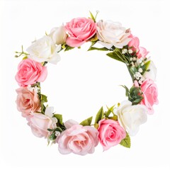 Pink and White Rose Wreath on White Background