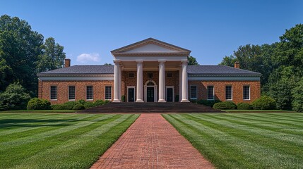 Fototapeta premium Grand brick building with columns under a blue sky