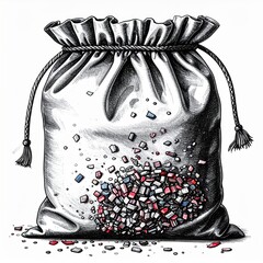Grey Drawstring Bag Spilling Colorful Fragments