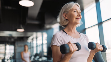 Fototapeta premium An aged woman works out inthe gym, manifesting a healthy aging lifestyle 